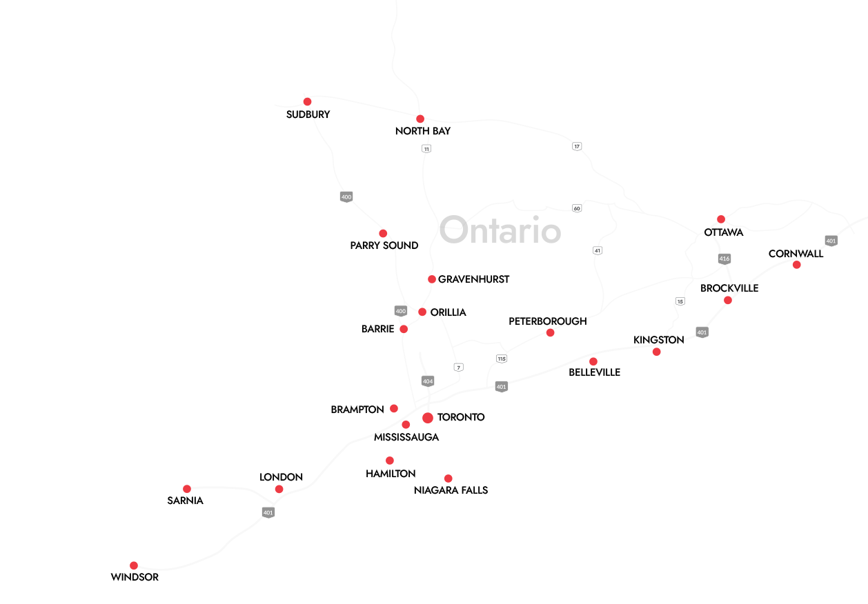 Ontario map showing Action Airport Express’ service coverage across the Greater Toronto Area and Southern Ontario from Windsor to Cornwall and Ottawa to Sudbury 