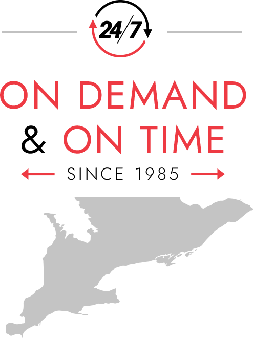  Southern Ontario map outline with 24/7 customer support icon and Action Airport Express tagline, ON DEMAND & ON TIME SINCE 1985 overlaid 